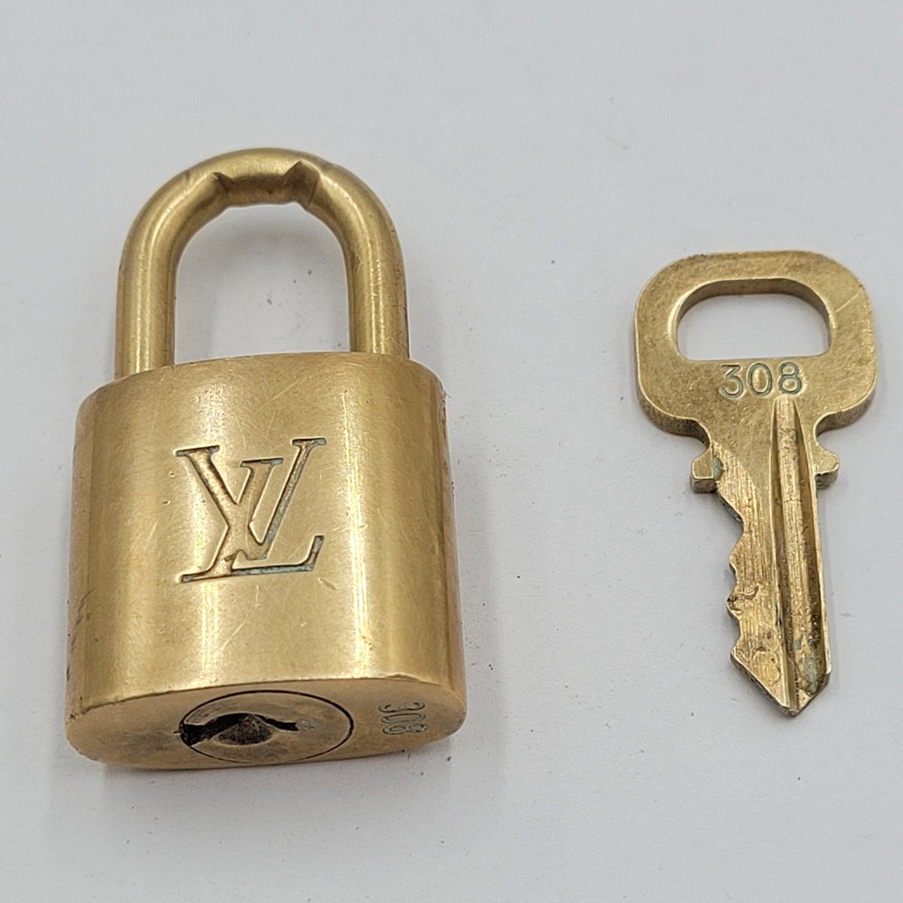 Louis Vuitton Padlock and Key Set 308 Gold Brass Vintage Bag Accessory